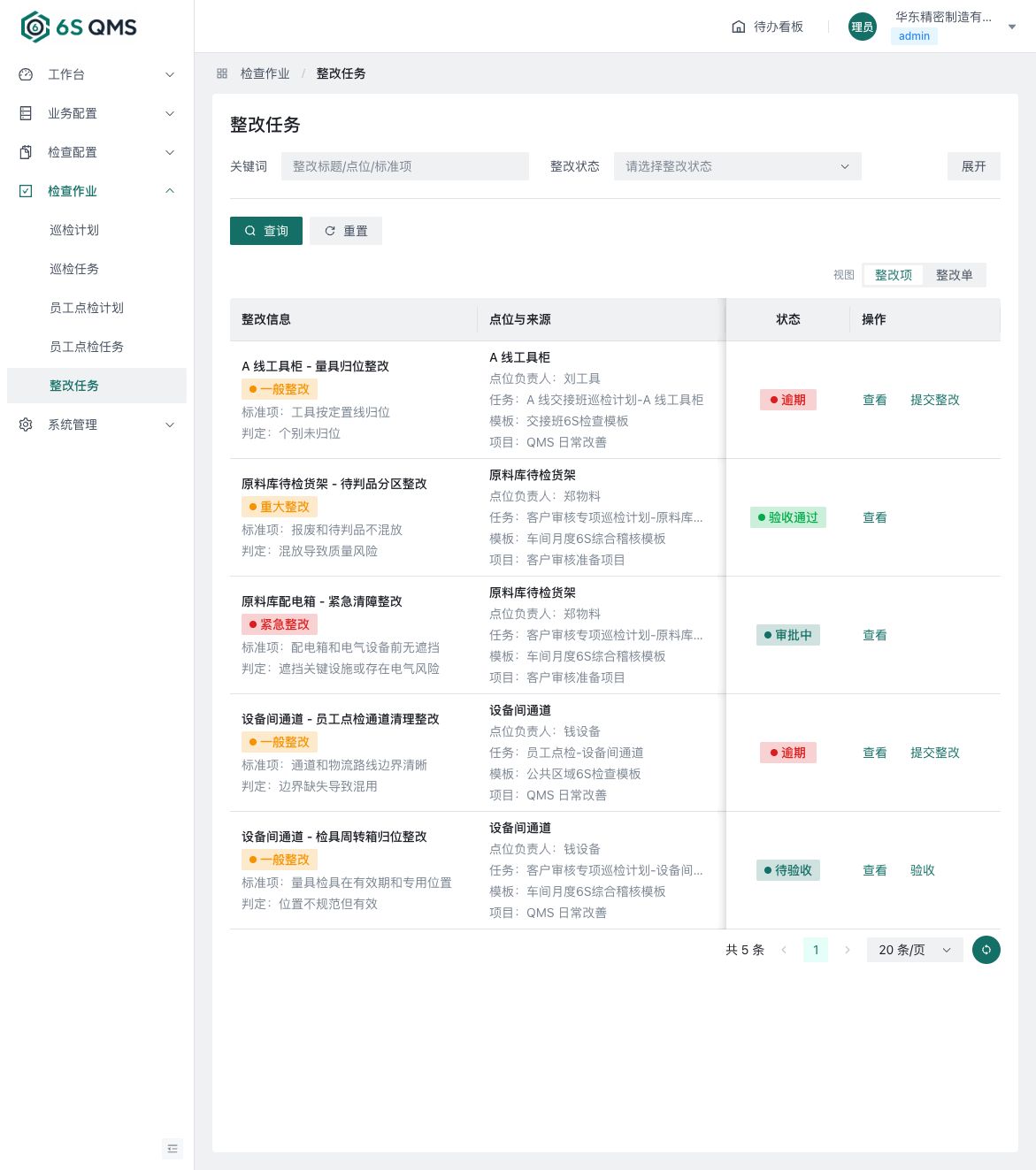 整改工单的责任人、截止时间和验收状态